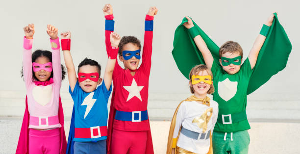 superheroes cheerful kids expressing positivity concept - 2603 imagens e fotografias de stock