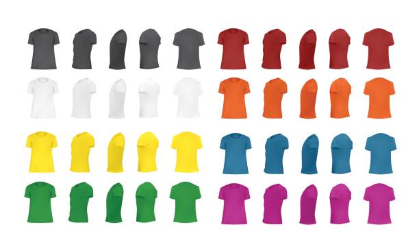 t-셔츠 서식 파일 집합이 서로 다른 색상, 전면, 측면, 다시, 관점 보기 - shirt cotton textile contemporary stock illustrations