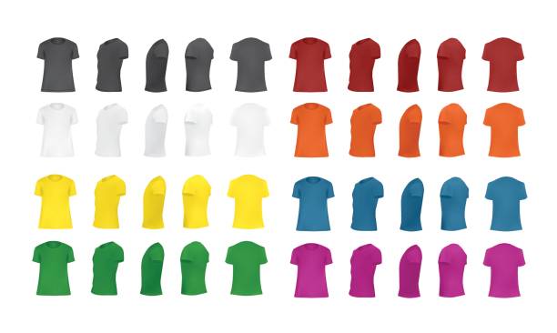 ilustrações, clipart, desenhos animados e ícones de t-shirt modelo definido de cores diferentes, de frente, de lado, volta, vista em perspectiva - t shirt shirt white men