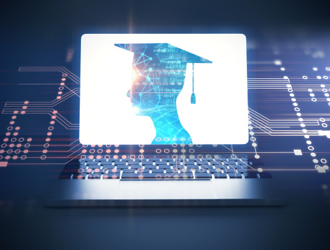 3d rendering of virtual human silhouette on laptop screen,concept of online education 