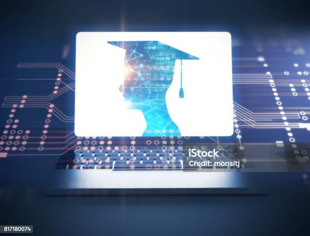 3d Rendering Of Virtual Human Silhouette On Laptop Screen Stock Photo - Download Image Now