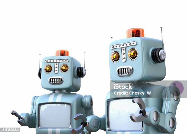 Two Retro Robots Isolated On White Stock Photo - Download Image Now - Robot, Television Set, Retro Style - iStock