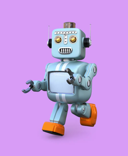 Walking retro robot isolated on purple background. 3D rendering image with clipping path.