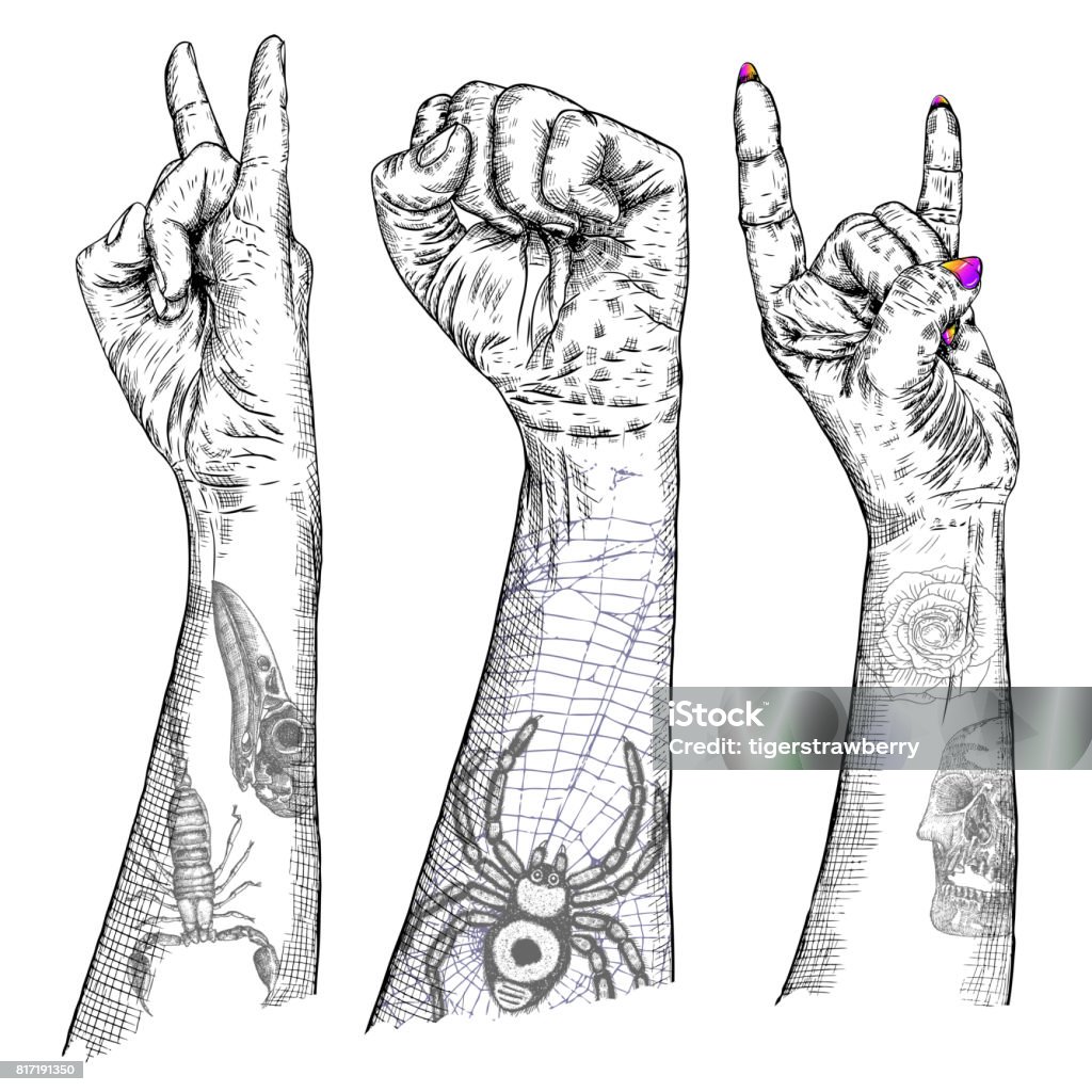 Set Of Rock And Roll Music Hand Sign Hand Drawn Girl And Guy Style Fist  Demon Symbol Female And Male Wrist Evil Finger Gesture Woman And Man Hands  With Flesh Tattoos Showing