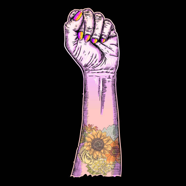 女性の手の拳が黒地花フラッシュ刺青の自由のサインを発生します。花とピンク色の女の子パワー シンボルの手首。現実的なスタイル図面のフェミニズムの概念。エモ ゴシック ボディー アート。ベクトル。 - power walking flash点のイラスト素材／クリップアート素材／マンガ素材／アイコン素材