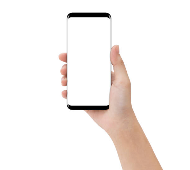 istock close-up hand touching phone mobile isolated on white, mock-up smartphone blank screen easy adjustment with clipping path 817203836