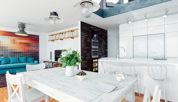istock 3d render image of beautiful white interior room, scandinavian style, open space 817218680