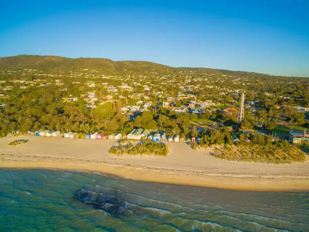 Aerial view of colorful beach boxes in Rosebud and McCrae Lighthouse. Mornington Peninsula, Melbourne, Australia