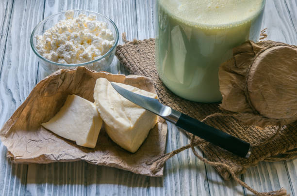 istock Dairy products on a wood background 817233180