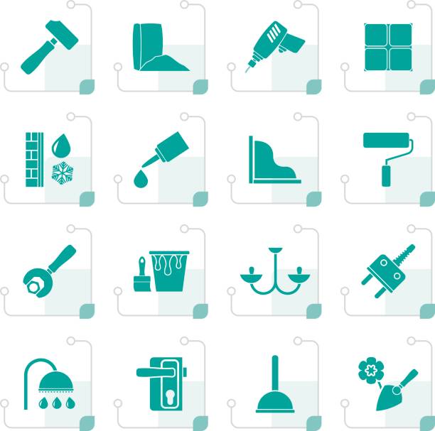 Stylized Construction and building equipment Icons Stylized Construction and building equipment Icons - vector icon set 1 bathroom silicone stock illustrations