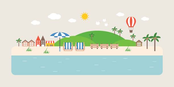 ilustraciones, imágenes clip art, dibujos animados e iconos de stock de información gráfica y elementos del lugar turístico del mar - outdoors store beach bench