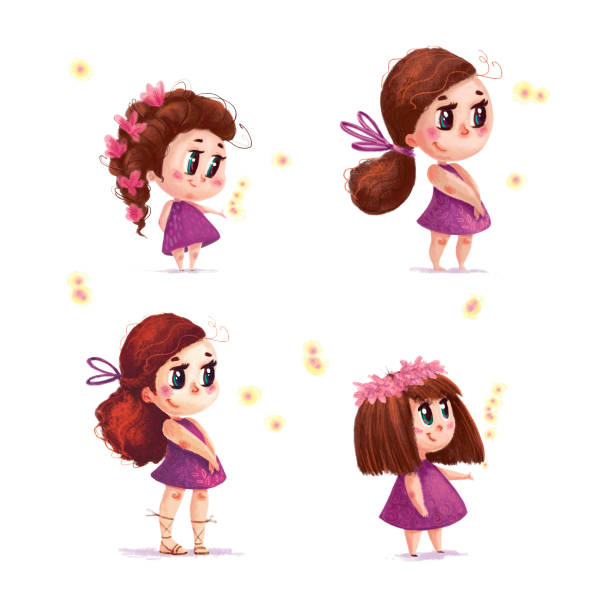 ilustrações de stock, clip art, desenhos animados e ícones de collection of hand drawn portrait of cute little girl with long brown hair standing isolated on white background. pretty child illustration with nature firefly elements. - girl5