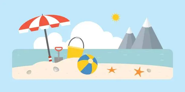 Vector illustration of Beach scene with shovel and bucket, beach ball, umbrella on coastal landscape background