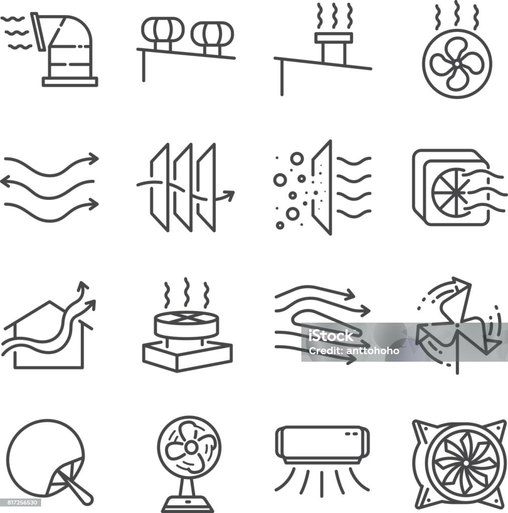 Conjunto de iconos de la línea de flujo de aire. Incluye los iconos como el flujo de aire, turbina, ventilador, ventilación, ventiladores y más. - arte vectorial de Ícono libre de derechos