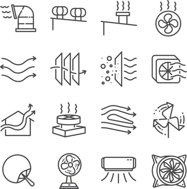Airflow line icon set. Included the icons as airflow, turbine, fan, air ventilation, Ventilators and more. Airflow line icon set. Included the icons as airflow, turbine, fan, air ventilation, Ventilators and more. filtration stock illustrations