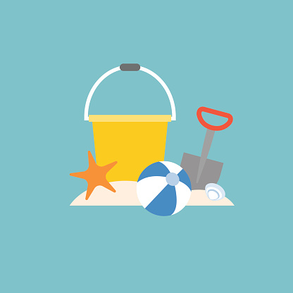 beach toys, pail, shovel, starfish and beach ball with bucket, flat design