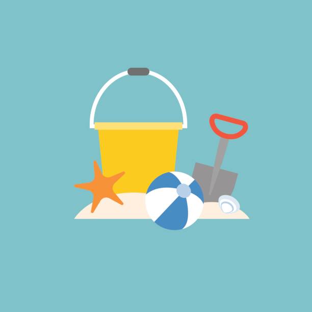 beach toys beach toys, pail, shovel, starfish and beach ball with bucket, flat design sand pail and shovel stock illustrations