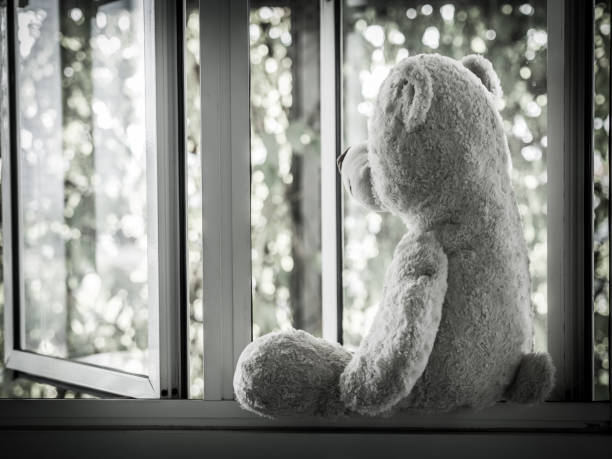 istock Lonely Teddy Bear Sitting on the window looking out side  (Concept about love) 817264346
