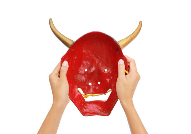 Isolated Detailed Oni Mask with Gold Accents