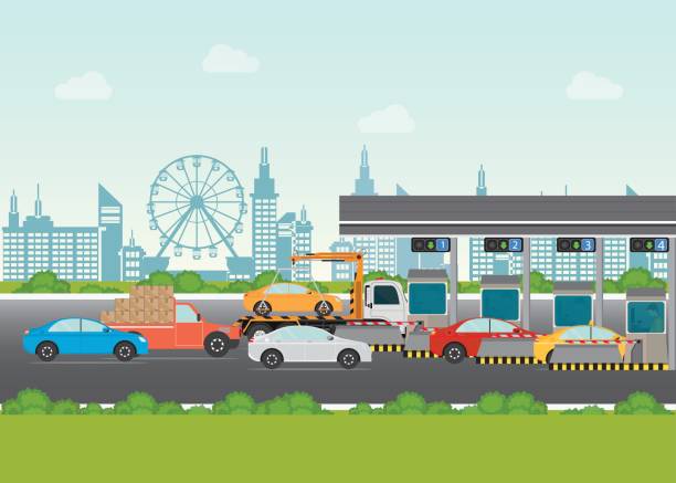 ilustrações de stock, clip art, desenhos animados e ícones de driver cars passing through to pay road toll at highway toll booth. - street furniture traffic lighting equipment urban scene