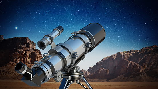 A telescope standing at the desert with night sky in the background. Astronomy and stars observing concept.