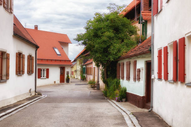 Cobblestone covered street in romantic medieval town of Nordlingen in Bavaria, Germany.