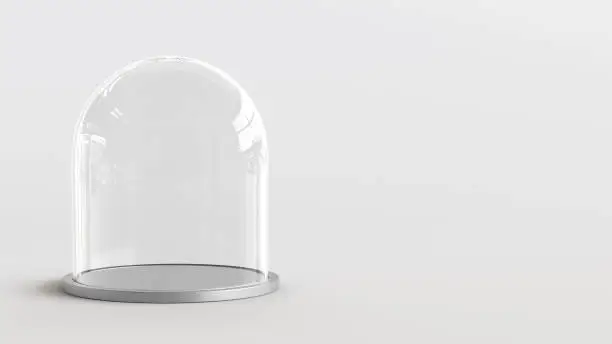 Photo of Glass dome with silver tray on white background. 3D rendering.