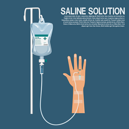 isolated saline solution with hand on blue background