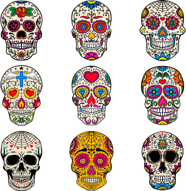 satz von zucker schädel isoliert auf weißem hintergrund. tag der toten. dia de los muertos. vektor-illustration - sugar skull stock-grafiken, -clipart, -cartoons und -symbole