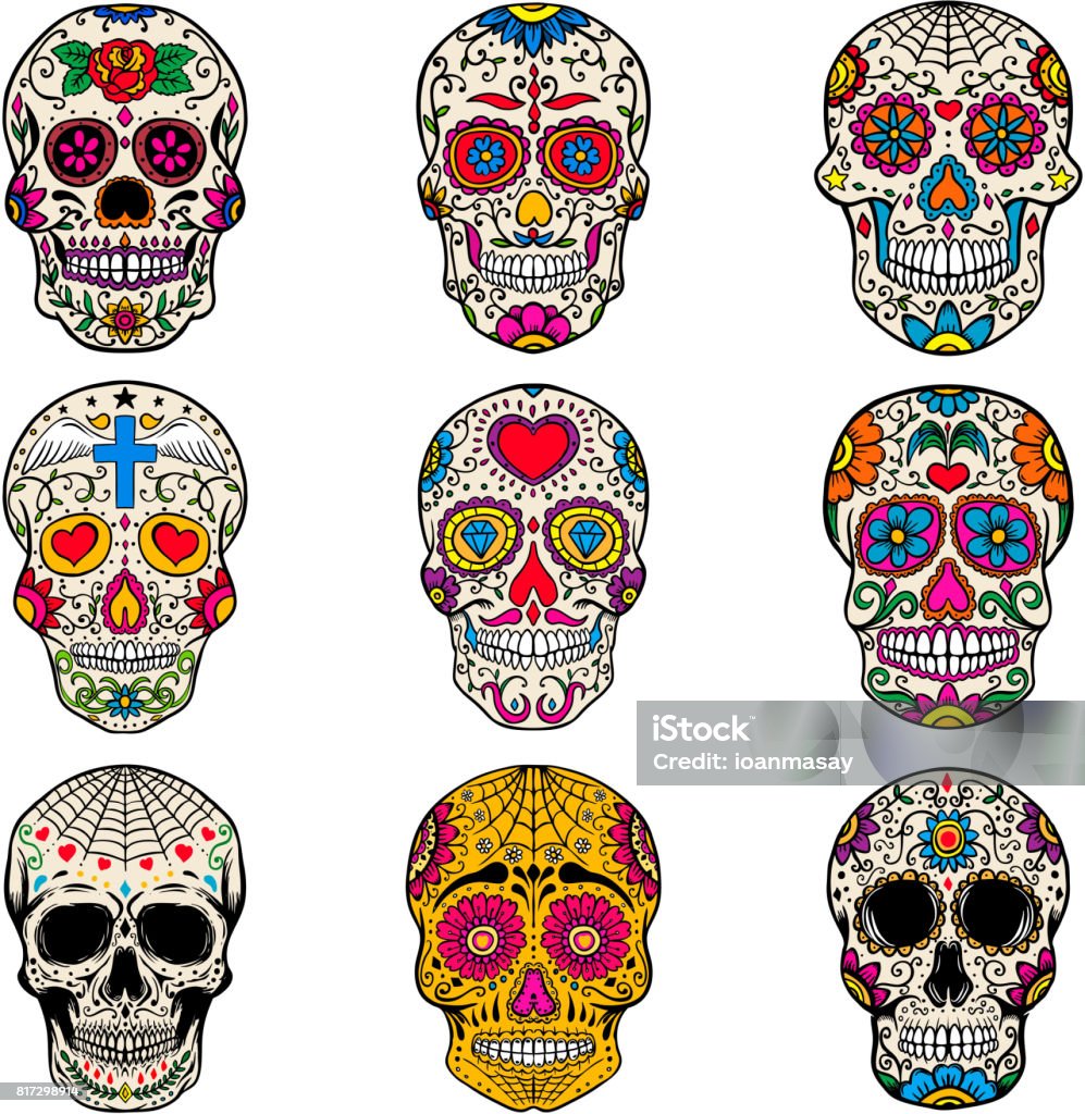 Set of sugar skulls isolated on white  background. Day of the dead. Dia de los muertos. Vector illustration Day Of The Dead stock vector