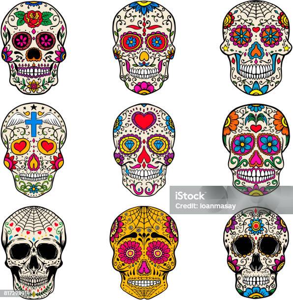 Set Of Sugar Skulls Isolated On White Background Day Of The Dead Dia De Los Muertos Vector Illustration Stock Illustration - Download Image Now