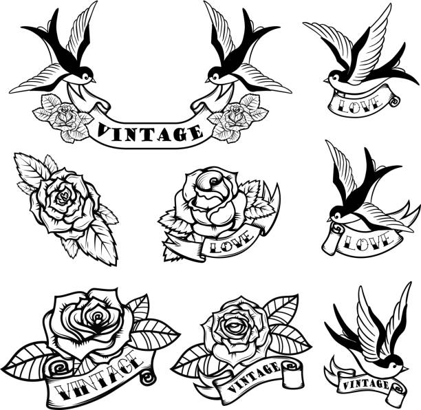 illustrations, cliparts, dessins animés et icônes de ensemble de modèles de tatouage avec des hirondelles et des roses. tatouage old school. illustration vectorielle - tattoo