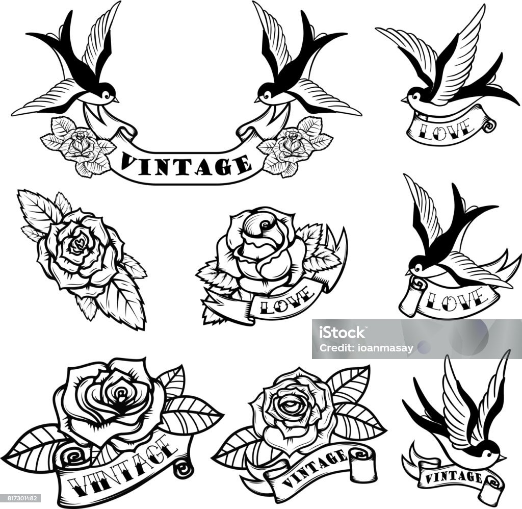 Set of tattoo templates with swallows and roses. Old school tattoo. Vector illustration Tattoo stock vector