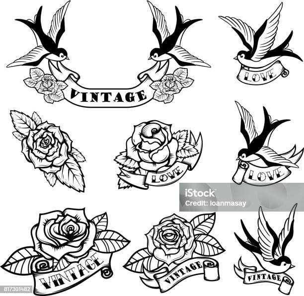 Set Of Tattoo Templates With Swallows And Roses Old School Tattoo Vector Illustration Stock Illustration - Download Image Now