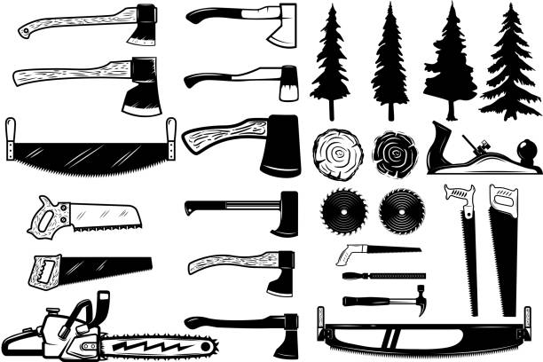 zestaw narzędzi stolarskich, ikon drewna i drzew. elementy projektu etykiety, emblematu, podpisu. ilustracja wektorowa - handle axe work tool wood stock illustrations