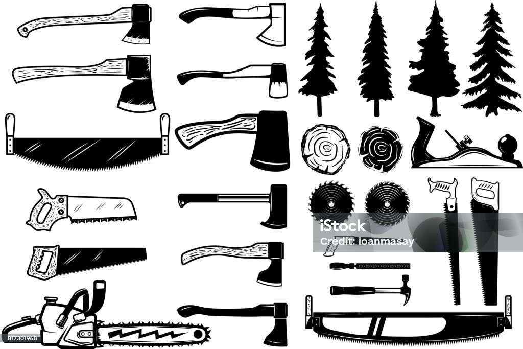Set of carpenter tools, wood and trees icons. Design elements for label, emblem, sign. Vector illustration Axe stock vector