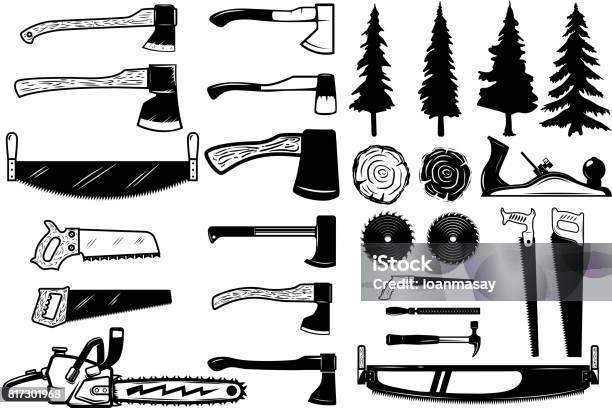 Set Of Carpenter Tools Wood And Trees Icons Design Elements For Label Emblem Sign Vector Illustration Stock Illustration - Download Image Now