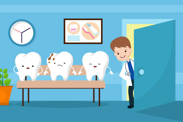 건강 한 입 벡터 아이 개념. 치과 대기실에서 치아 - dentist receptionist doctors office healthcare and medicine stock illustrations