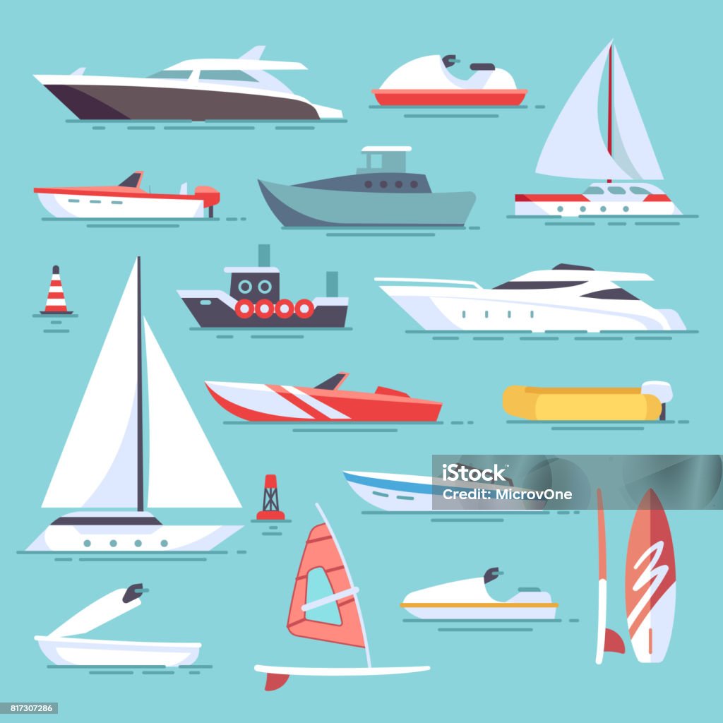 Embarcaciones y buques de pesca pequeños. Iconos de vector plano de veleros - arte vectorial de Embarcación marina libre de derechos