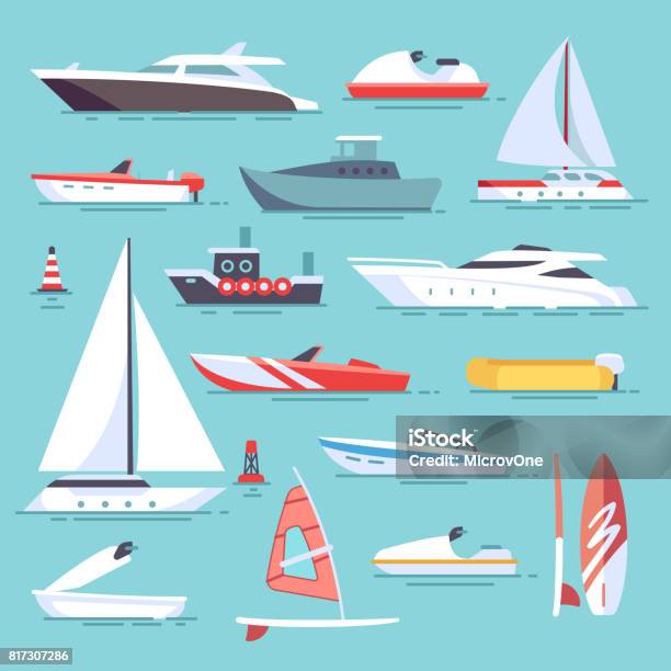 Ilustración de Embarcaciones Y Buques De Pesca Pequeños Iconos De Vector Plano De Veleros y más Vectores Libres de Derechos de Embarcación marina