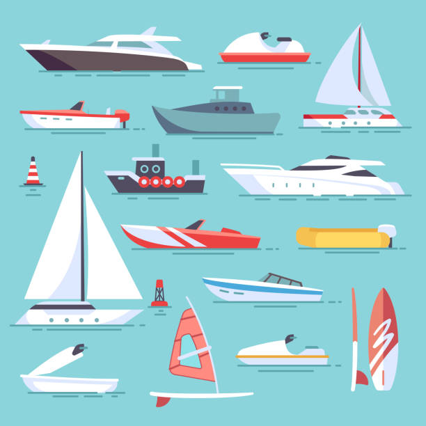 stockillustraties, clipart, cartoons en iconen met boten van de zee en de kleine visserij schepen. zeilboten platte vector iconen - recreatieboot