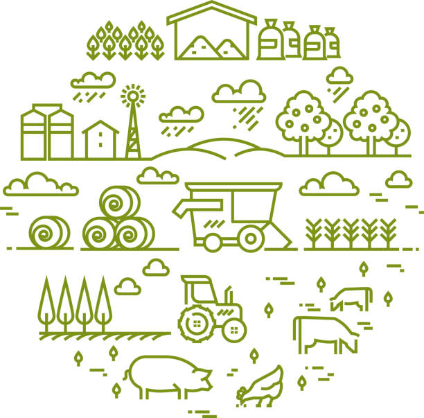 illustrations, cliparts, dessins animés et icônes de paysage rural et l’agriculture agriculture icônes fine ligne - agriculture field tractor landscape