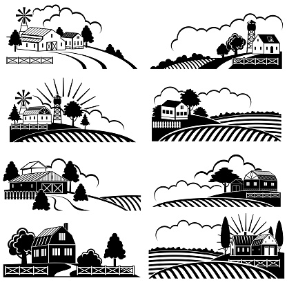 Retro rural landscapes with farm building in field. Vector vintage woodcut art. Landscape farm field, rural nature sketch illustration