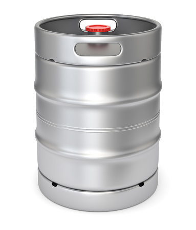 Aluminium beer keg with red lid isolated on white background. 3D illustration