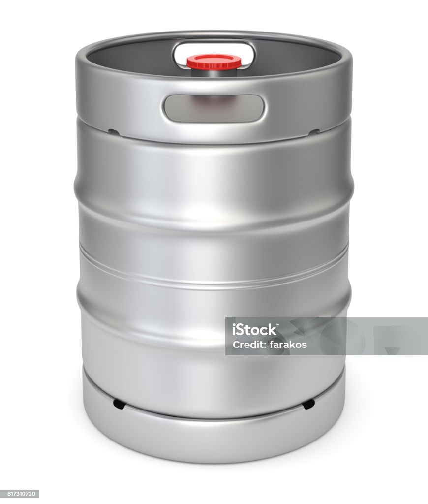 Metal beer keg Aluminium beer keg with red lid isolated on white background. 3D illustration Keg Stock Photo