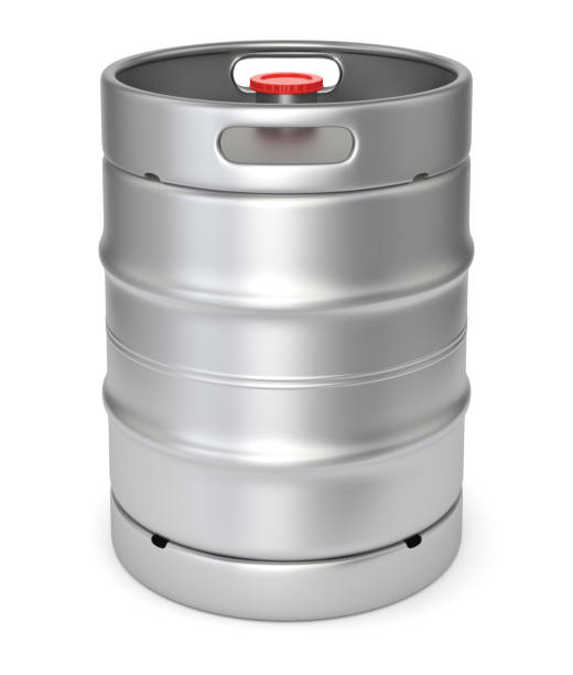 Metal beer keg Aluminium beer keg with red lid isolated on white background. 3D illustration keg stock pictures, royalty-free photos & images