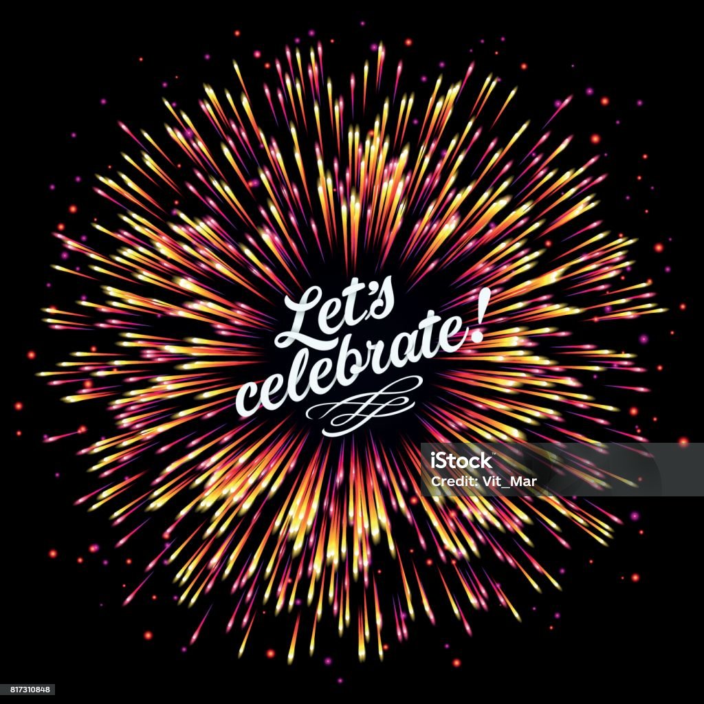 A flash of fireworks on a dark background. Festive lights. A flash of fireworks on a dark background. A bright burst of festive lights. Congratulation. Glare of light and flickering particles. Template for registration of cards, invitations, pages of a website. Vector. Dinner Party stock vector