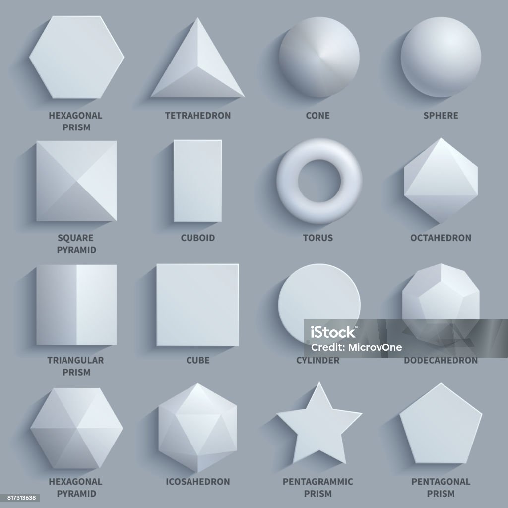 Top view realistic white math basic 3d shapes vector set. Three dimensional geometric figures Top view realistic white math basic 3d shapes vector set. Three dimensional geometric figures. Geometric shape figure form illustration Three Dimensional stock vector