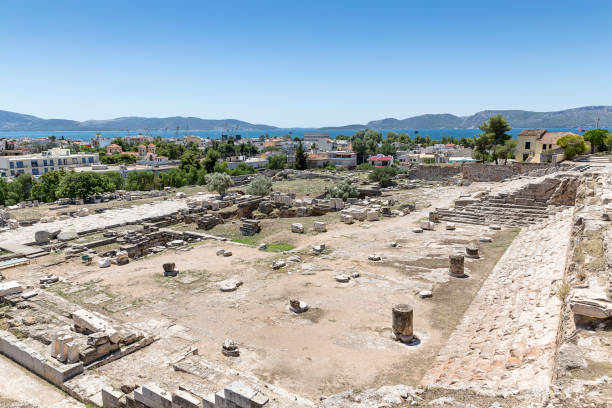 view over the excavation site towards Eleusis and the Saronic Gulf, Greece, Europe stock photo