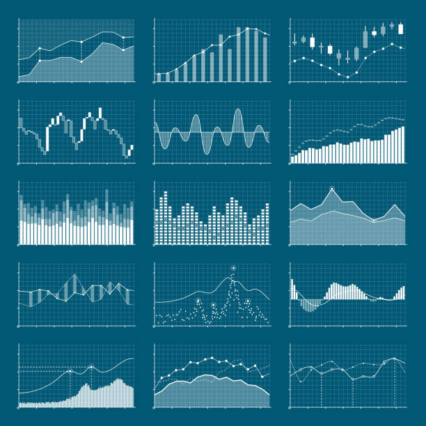 illustrazioni stock, clip art, cartoni animati e icone di tendenza di grafici finanziari dei dati business. grafica di analisi delle scorte. insieme vettoriale grafici di mercato in crescita e in calo - stock exchange chart stock market investment